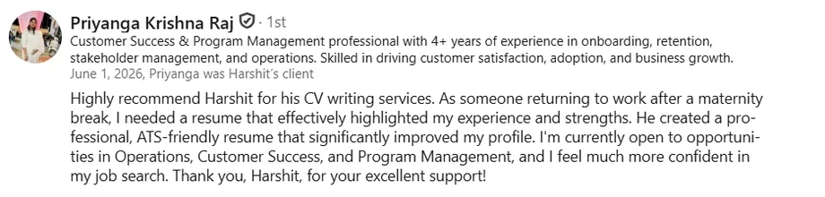 LinkedIn recommendation from Priyanga Krishna Raj, Customer Success and Program Management professional