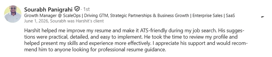 LinkedIn recommendation from Sourabh Panigrahi, Growth Manager at ScaleOps
