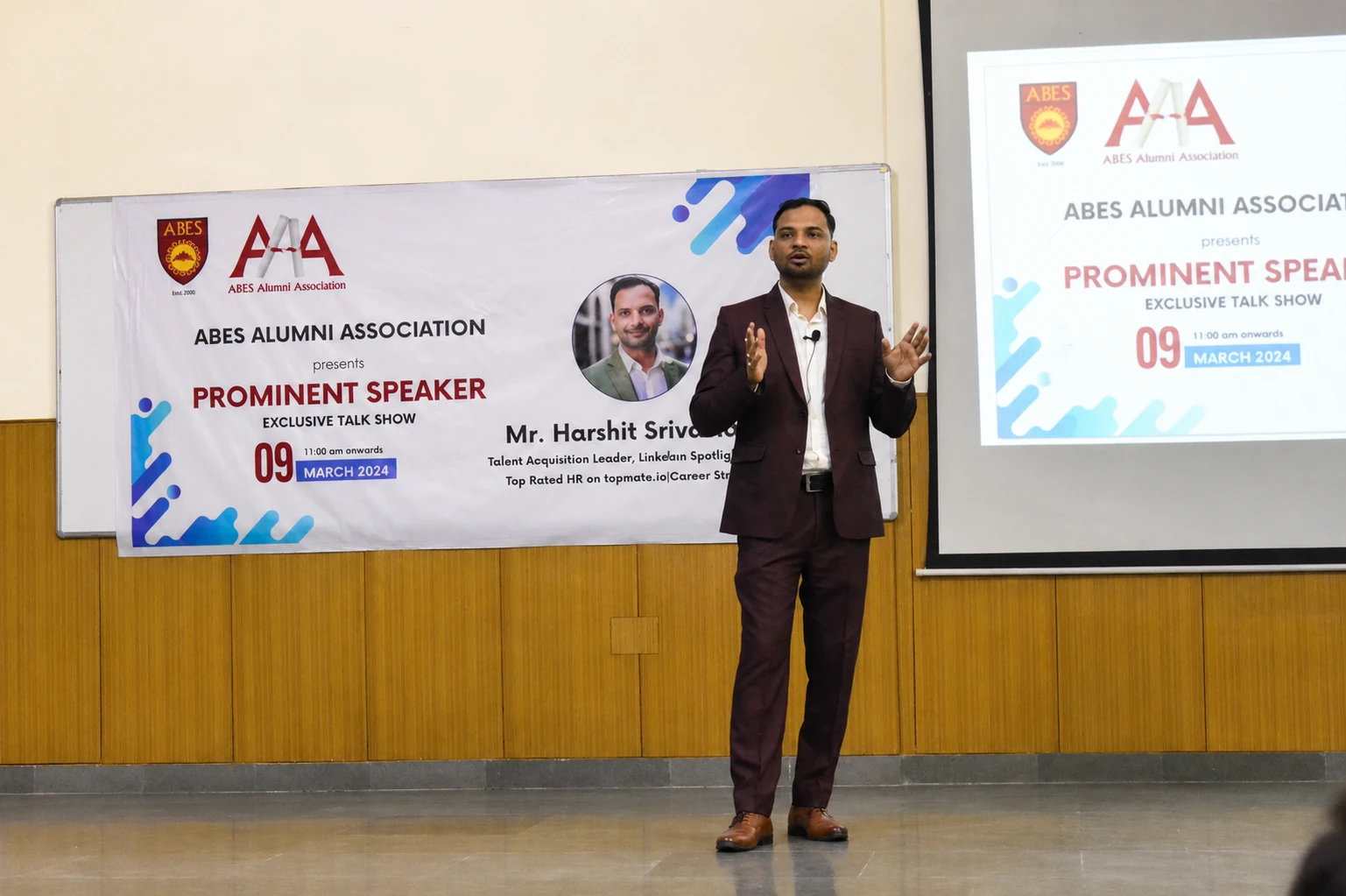 Harshit Srivastava speaking at the ABES Alumni Association
